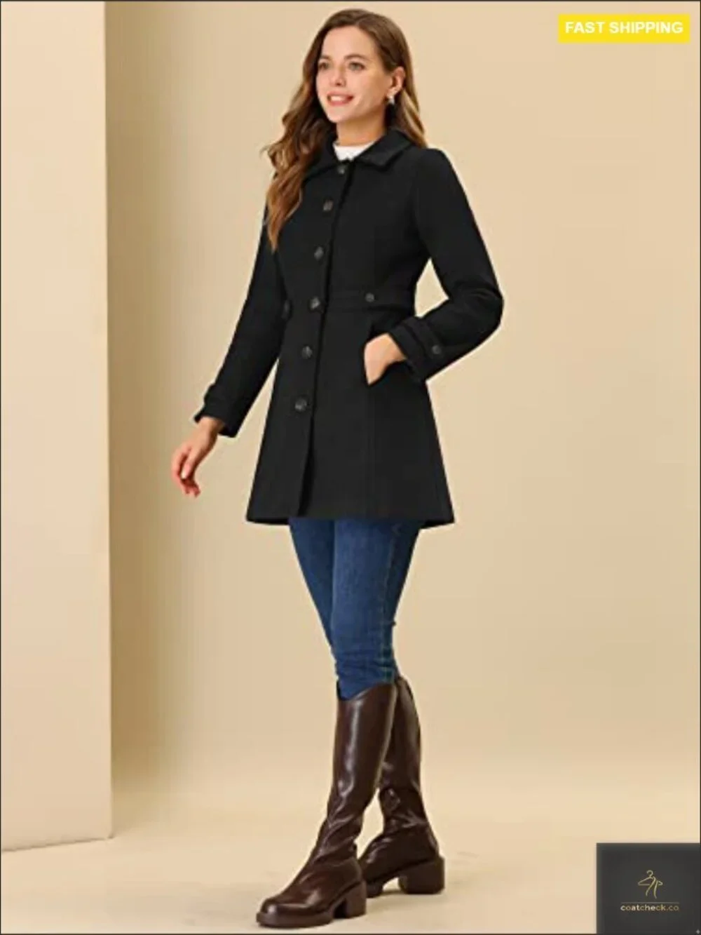 Classic Pea Coat Winter Overcoat Single Breasted with Pockets Chic Elegant